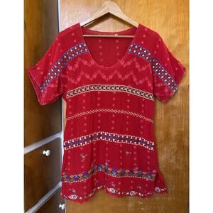 Johnny Was Daisy Eyelet Fiery Red Short Sleeve Embroidered Tunic Top Sz XS